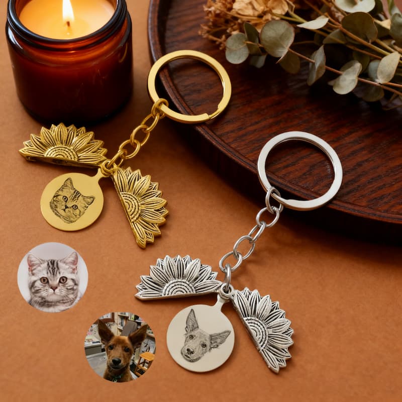 Custom Pet Photo Keychain - Personalized Sunflower Stainless Steel Gift