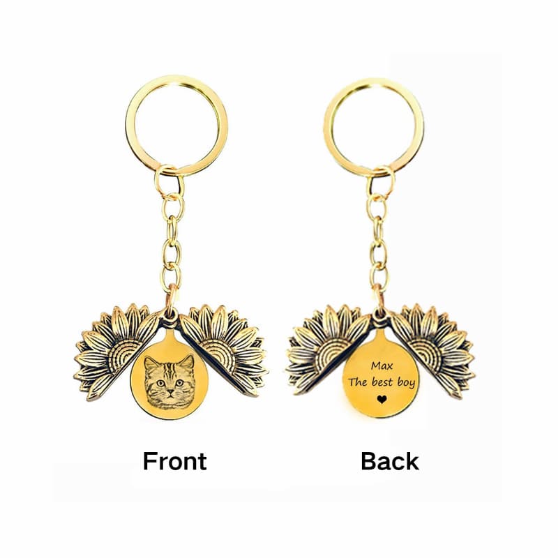Custom Pet Photo Keychain - Personalized Sunflower Stainless Steel Gift