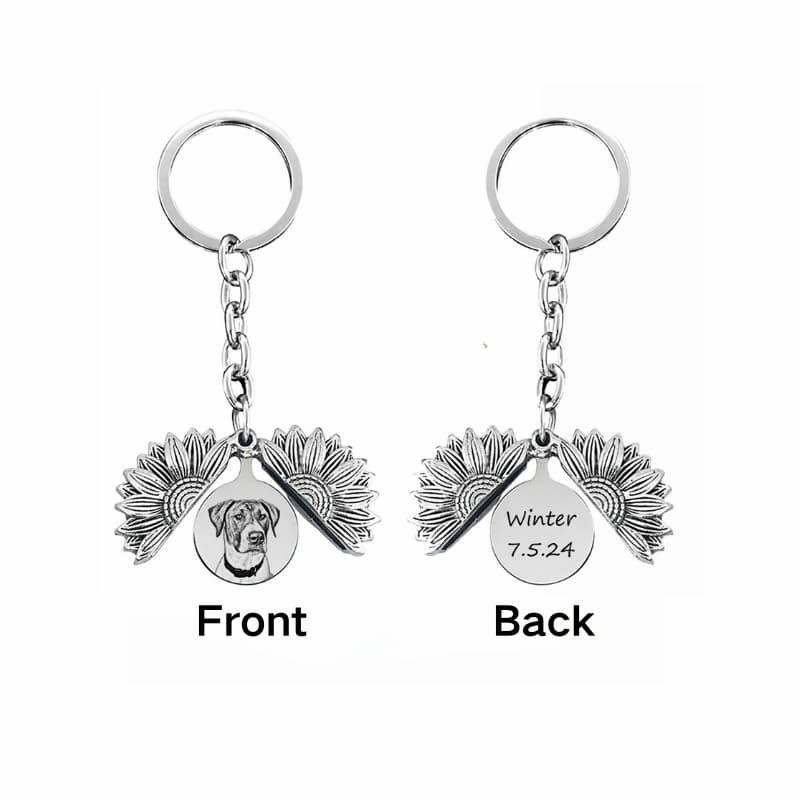 Custom Pet Photo Keychain - Personalized Sunflower Stainless Steel Gift